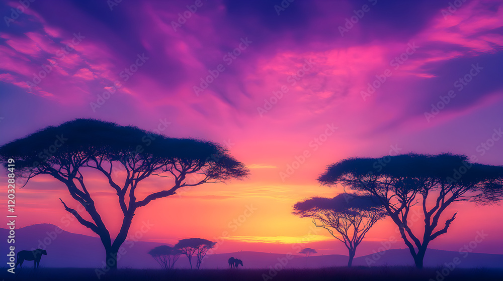 Fototapeta premium Tranquil sunset silhouettes of elephants in the african savanna