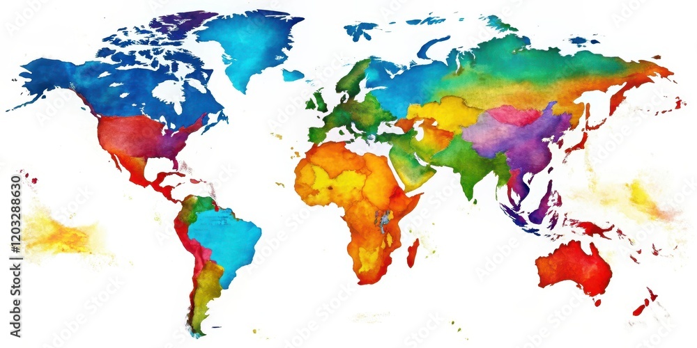 Obraz premium Colorful map of world with oceans, continents and countries illustrated in bright colors, geography, cartography