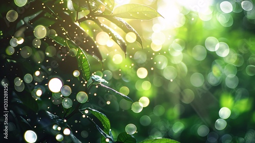 Sparkling bokeh with light bubbles on green leaves, photorealistic and minimal style