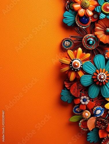 Vibrant decorative flowers in various colors against an orange backdrop. photo