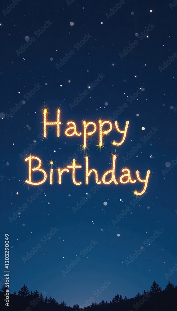 Happy Birthday written in starry patterns across a deep blue night sky. Happy Birthday written in starry patterns across a deep blue night sky.