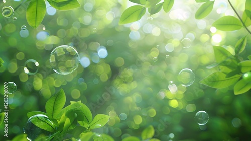 Green foliage with natural light bubbles and bokeh, photorealistic and minimal style