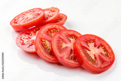 Ripe, red tomato slices, isolated on white background, perfect for salads or healthy meals