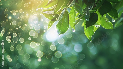 Leaves with light bubbles and bokeh, photorealistic and minimal style