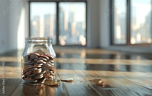 Jar full of coins in minimalistic room. Copy space, blurred background, defocused. Value hacking concept. ROI optimization, maximizing thrift efficiency, budget savvy, money saving strategy, frugality photo