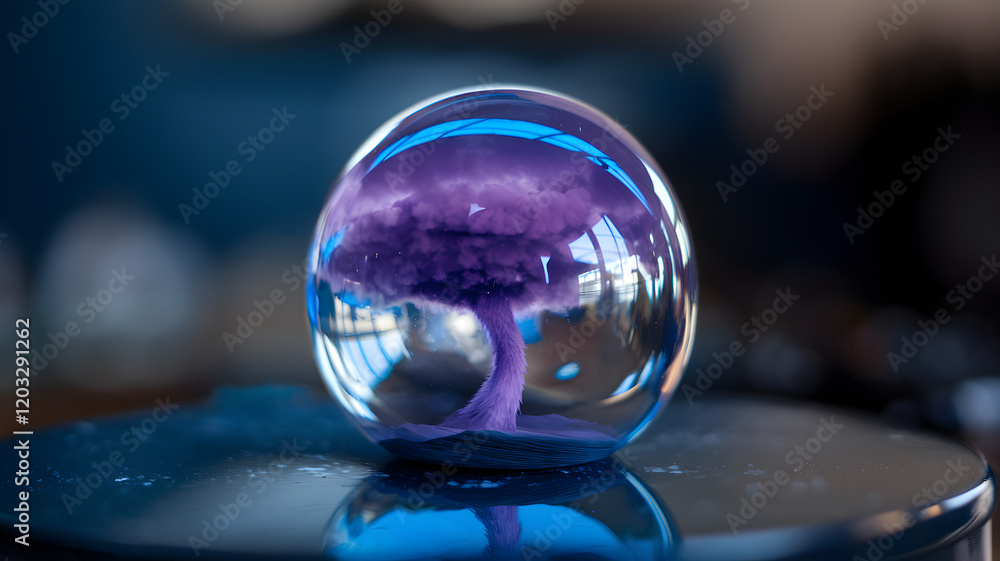 A photo of a purple storm inside a glossy transparent egg with blue reflections. The egg is placed on a dark surface. The background is blurred A photo of a purple storm inside a glossy transparent egg with blue reflections. The egg is placed on a dark surface. The background is blurred