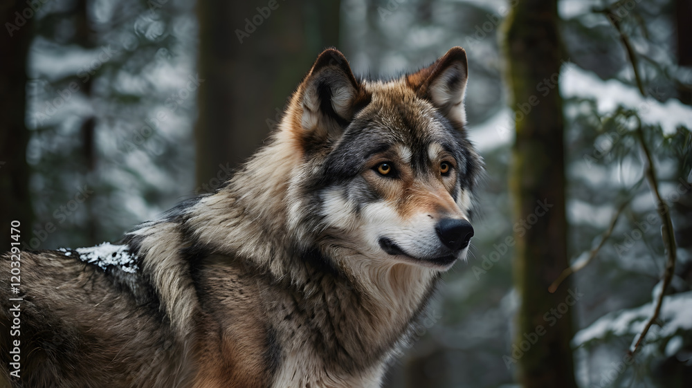 Naklejka premium portrait of grey wolf in winter forest