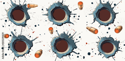 Cartoon Bullet Holes on Damaged Metal Surface - Military Violence Concept Vector