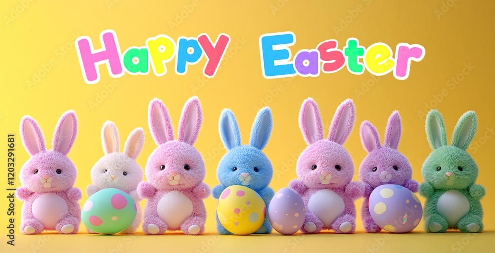Obraz premium Cute 3d Plush Bunnies in a Row Yellow Background Colorful Eggs Happy Easter Greeting Card Banner