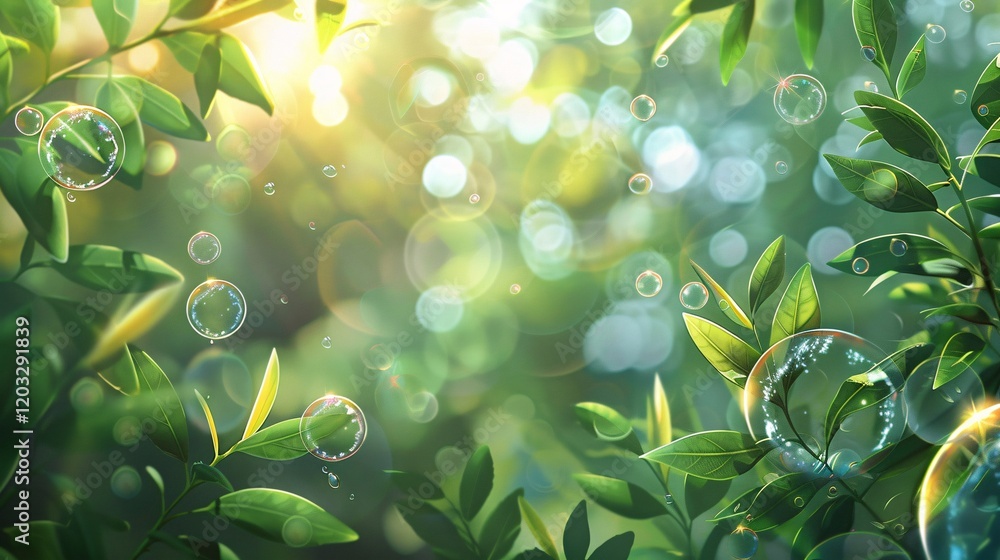Soft light bubbles and bokeh on greenery, photorealistic and minimal style Soft light bubbles and bokeh on greenery, photorealistic and minimal style