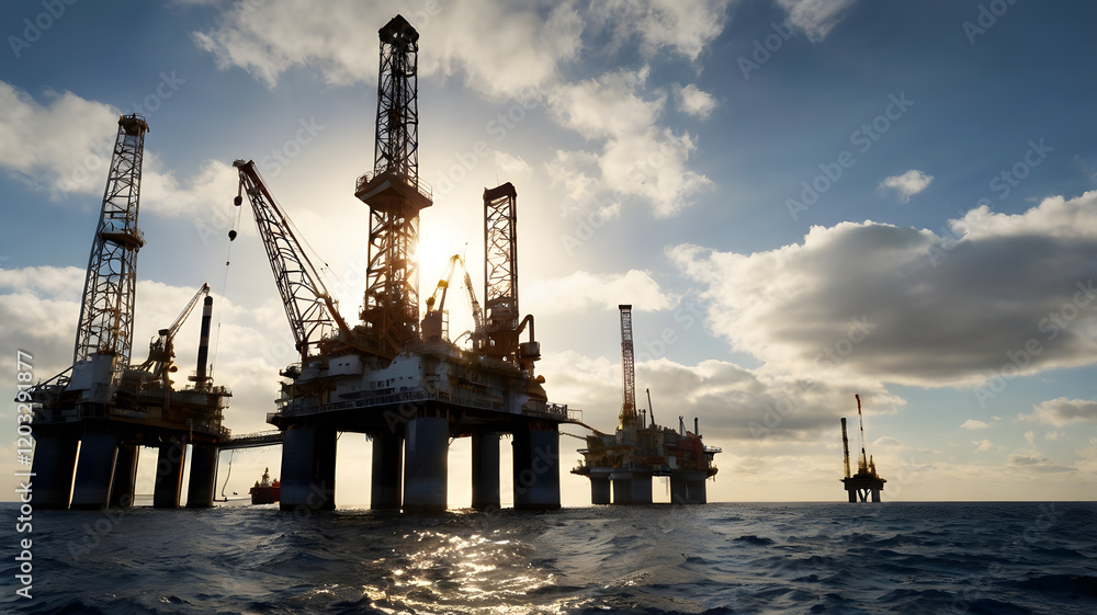 Obraz premium Offshore oil drilling platform against cloudy sky, petroleum industry concept