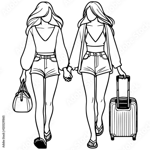 Two Girls Traveling with Luggage.