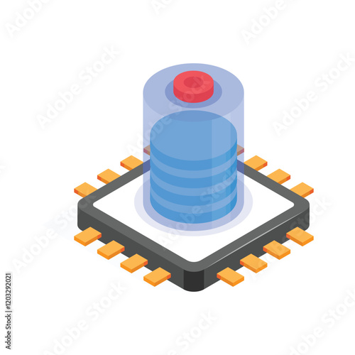 A stylized, isometric icon of a data storage unit housed within a microchip