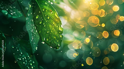 Dew-covered leaves with bokeh and light bubbles, photorealistic and minimal style
