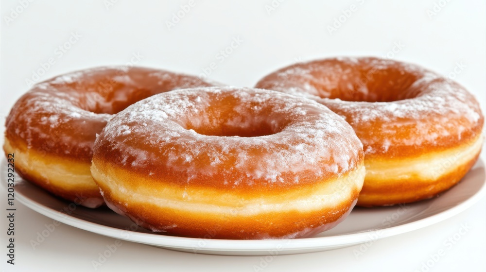 Three freshly glazed donuts arranged on a white plate, showcasing their shiny surface and soft texture Three freshly glazed donuts arranged on a white plate, showcasing their shiny surface and soft texture