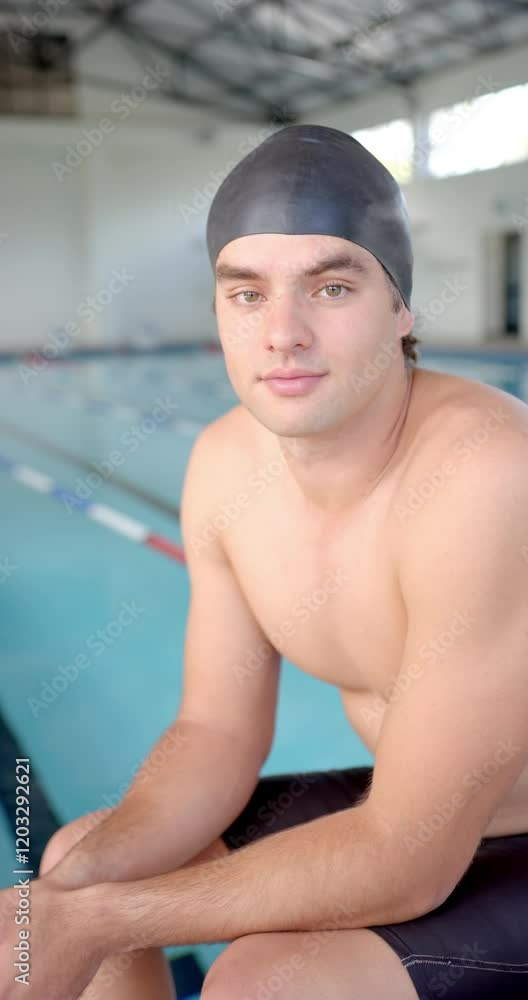 Vertical video: Swimmer in swim cap sitting by pool, preparing for training session Vertical video: Swimmer in swim cap sitting by pool, preparing for training session