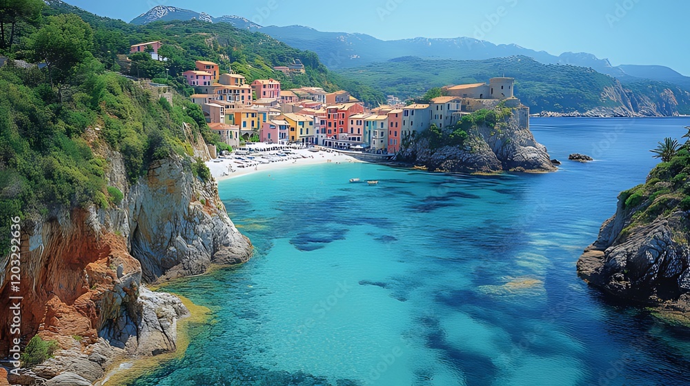 Fototapeta premium Coastal village, turquoise water, beach, hills, summer, aerial, idyllic, travel, vacation, postcard