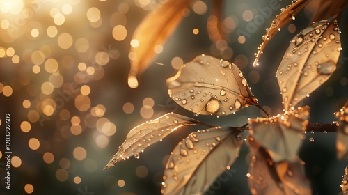 Dew-covered leaves with bokeh and light bubbles, photorealistic and minimal style