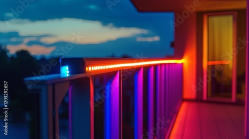 Color-changing LED strips framing a balcony railing, creating a vibrant ambiance for outdoor gatherings photo