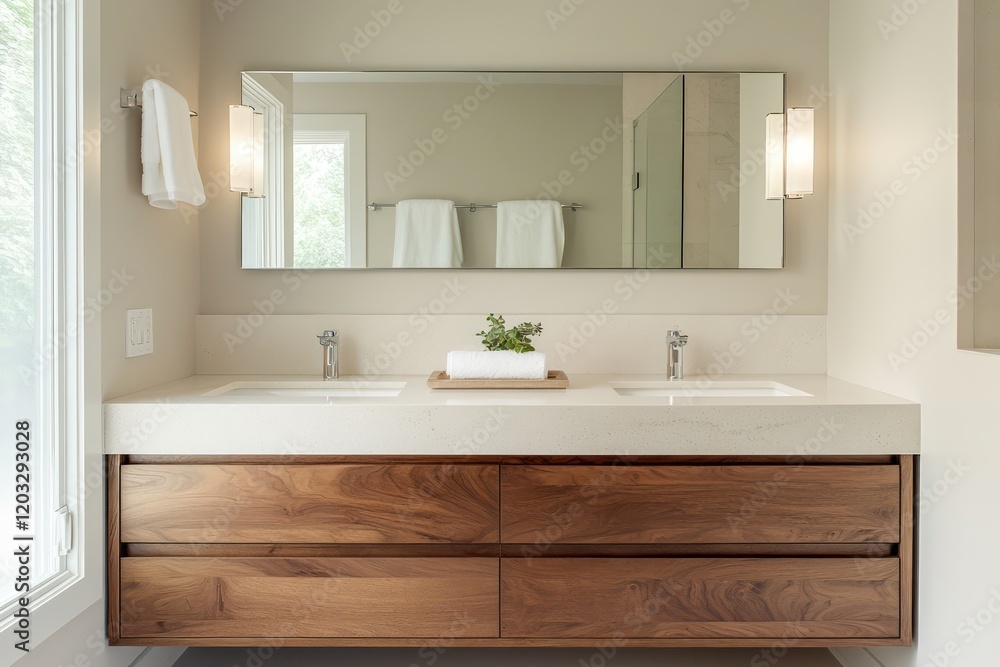 A minimalist bathroom with a frameless mirror, clean lines, and neutral textures A minimalist bathroom with a frameless mirror, clean lines, and neutral textures