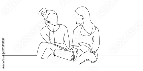 continuous line hearing a friend's outpouring. one line drawing of two women sitting and talking about life's problems. single line vector illustration. isolated on white background