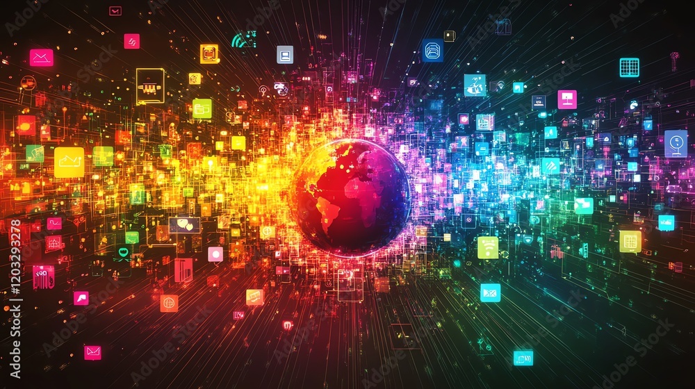 Obraz premium Global Network: Vibrant Rainbow App Icons Exploding from Earth