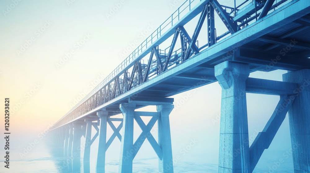 Fototapeta premium Foggy sunrise over a long industrial bridge extending into the horizon, creating a serene atmosphere