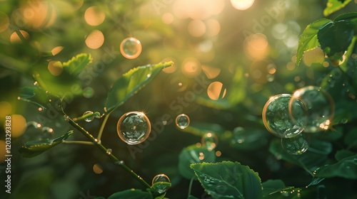 Natural light bubbles and bokeh on foliage, photorealistic and minimal style