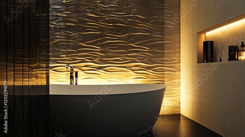 LED uplighting on a feature wall in a contemporary bathroom, accentuating textured tiles photo