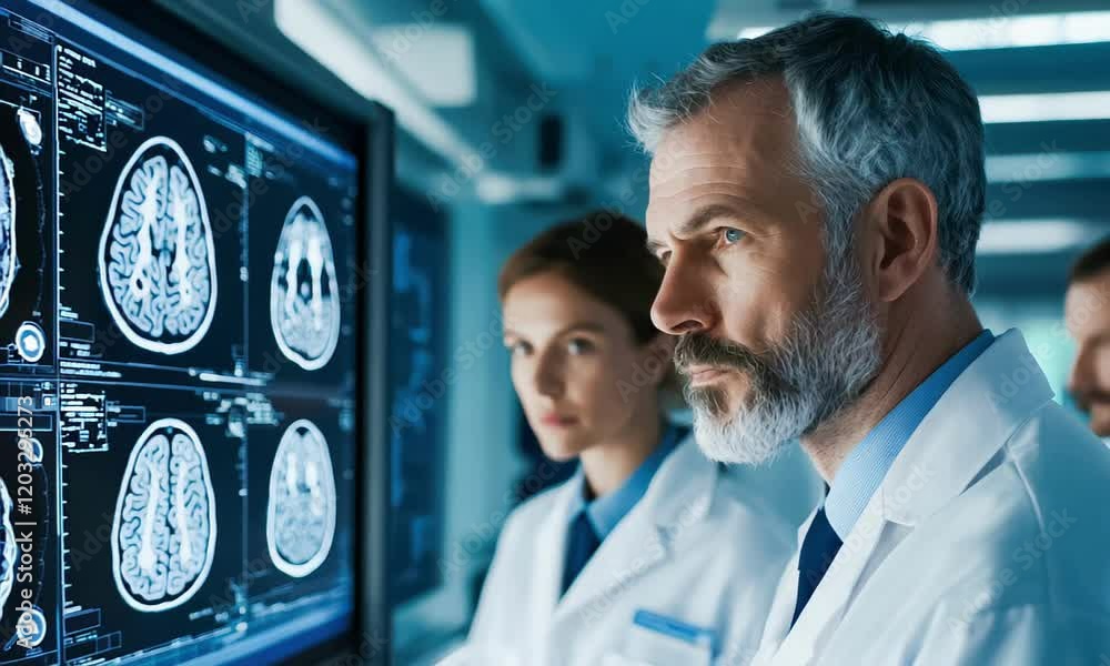 Two medical professionals analyzing brain MRI scans on a screen in a ...