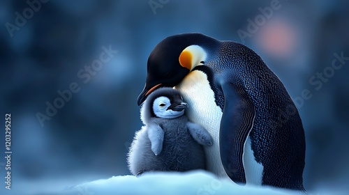 Tender Moment of Penguin Parent and Chick in Snowy Habitat photo