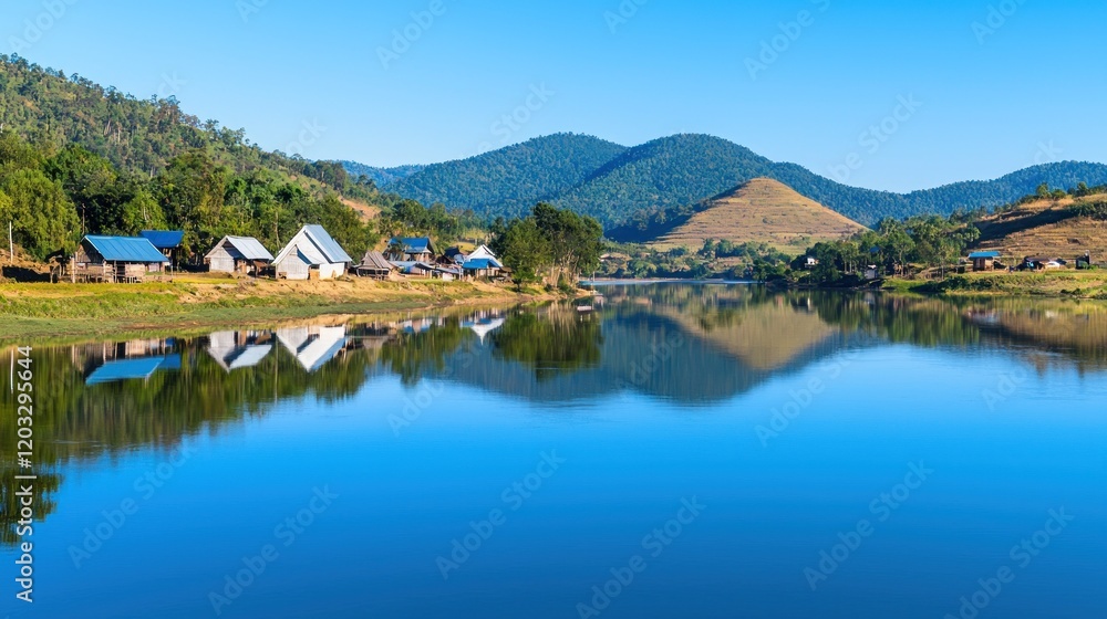 Village by Calm Lake and Mountains Village by Calm Lake and Mountains