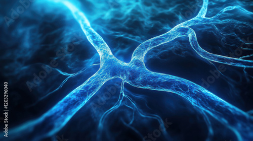 Abstract representation of neural connections with luminous blue strands converging in a dynamic pattern, symbolizing technology, science, and communication pathways in a digital world. photo