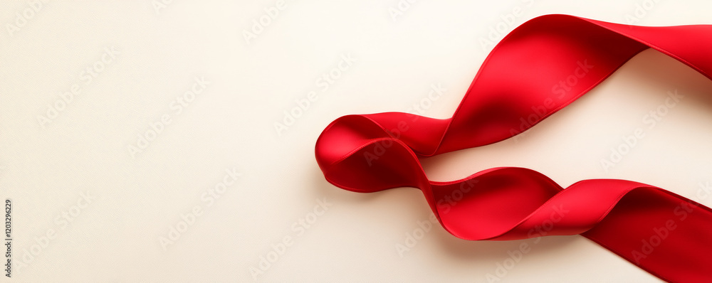Red velvet ribbon forming a decorative loop on a soft white fabric background, creating a romantic and elegant composition with copy space Red velvet ribbon forming a decorative loop on a soft white fabric background, creating a romantic and elegant composition with copy space
