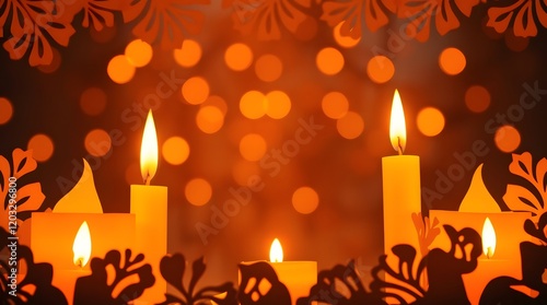 Warm Candlelight Glow with Festive Paper Cutouts and bokeh background