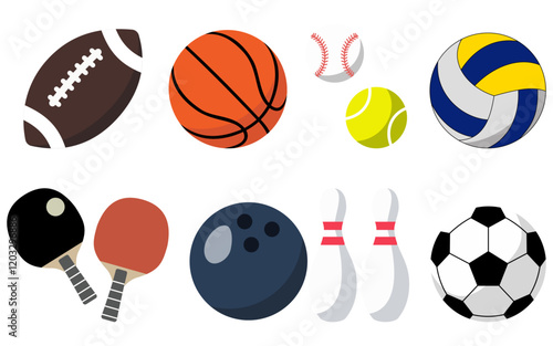 Sports Equipment, Flat Icons Display Banner, Objects, Recreation and Leisure on White Background