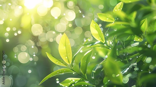 Close-up of foliage with light bubbles and bokeh, photorealistic and minimal style