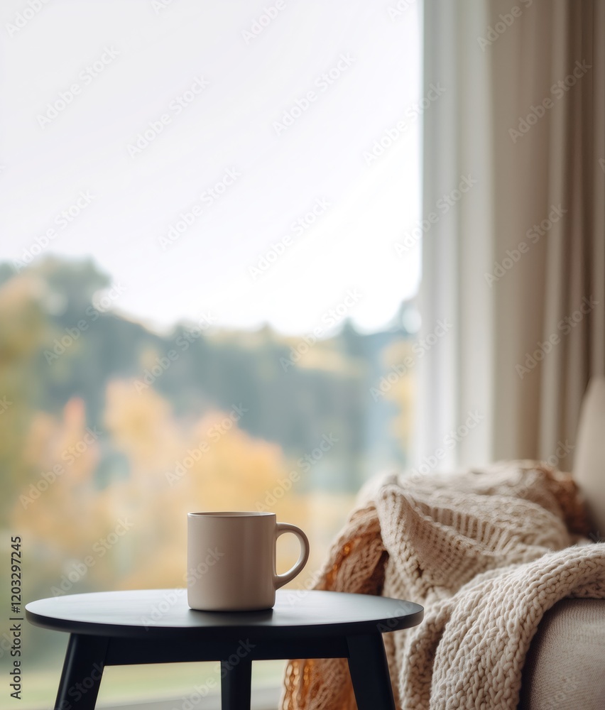 Cozy reading nook with warm drink overlooking autumn landscape Cozy reading nook with warm drink overlooking autumn landscape