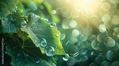Close-up of foliage with light bubbles and bokeh, photorealistic and minimal style