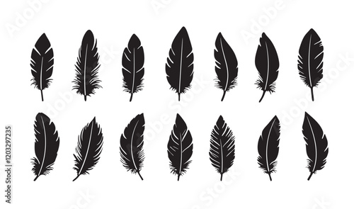Feather icon collection. A set of black feather silhouettes displayed in various shapes. Isolated feather designs.