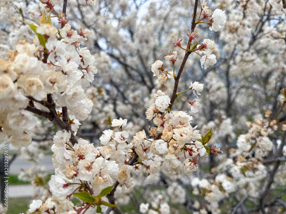 A delicate cluster of white cherry blossoms stretches from a branch, surrounded by a soft, blurred background of trees in full bloom. The image highlights the purity and serene beauty of spring A delicate cluster of white cherry blossoms stretches from a branch, surrounded by a soft, blurred background of trees in full bloom. The image highlights the purity and serene beauty of spring