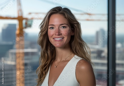 Confident Young Woman with Long Wavy Hair Smiling Against Urban Construction Background in Modern Office Setting with Panoramic City View Free Download Confident Young Woman with Long Wavy Hair Smiling Against Urban Construction Background in Modern Office Setting with Panoramic City View - GFXLoad