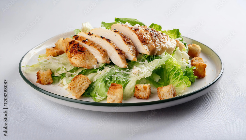 Caesar salad with grilled chicken, crisp lettuce, Parmesan, and croutons on a white plate. Perfect for restaurant menus, healthy eating visuals, or gourmet food promotions Caesar salad with grilled chicken, crisp lettuce, Parmesan, and croutons on a white plate. Perfect for restaurant menus, healthy eating visuals, or gourmet food promotions