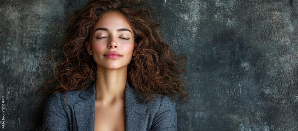 Fototapeta premium Woman relaxes eyes closed, textured wall background, calm pose, spa, beauty