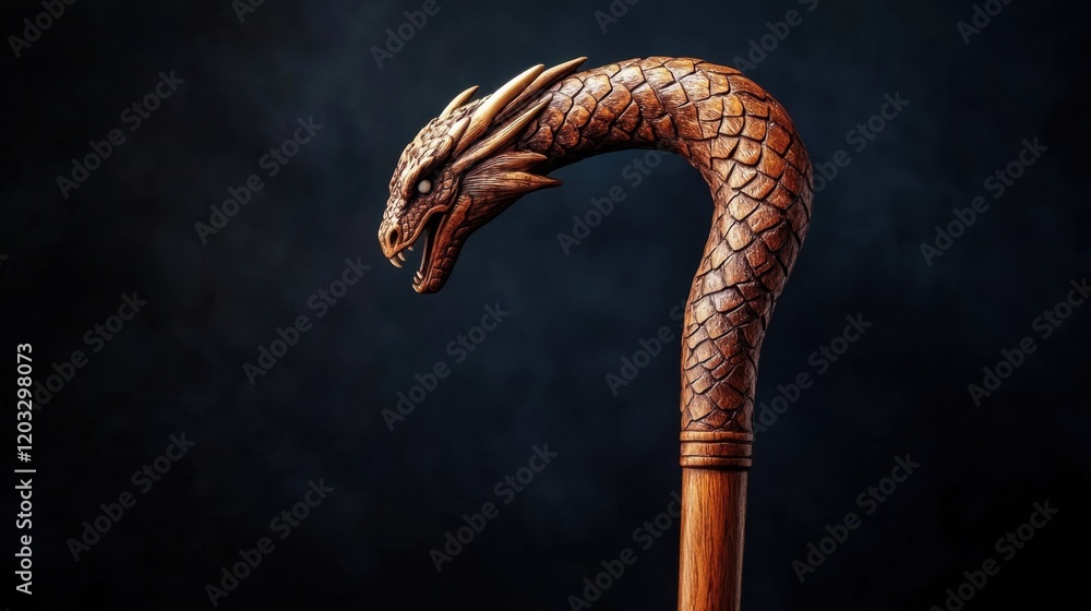 Fototapeta premium A carved wooden cane with a dragon head handle on a dramatic black background