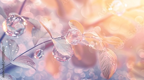 Soft focus light bubbles on leaves, photorealistic and minimal style
