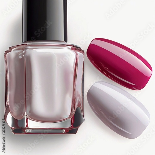 Nail Polish Duo: A bottle of pearly white nail polish sits beside two painted nails, one in a rich burgundy and the other in a soft lilac, showcasing a versatile manicure set.  photo