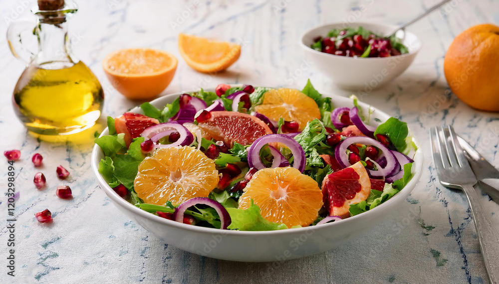 A refreshing citrus salad with orange, grapefruit, and blood orange slices, mixed greens, pomegranate seeds, and a light vinaigrette on a bright surface. Perfect for summer, detox, or wellness content A refreshing citrus salad with orange, grapefruit, and blood orange slices, mixed greens, pomegranate seeds, and a light vinaigrette on a bright surface. Perfect for summer, detox, or wellness content
