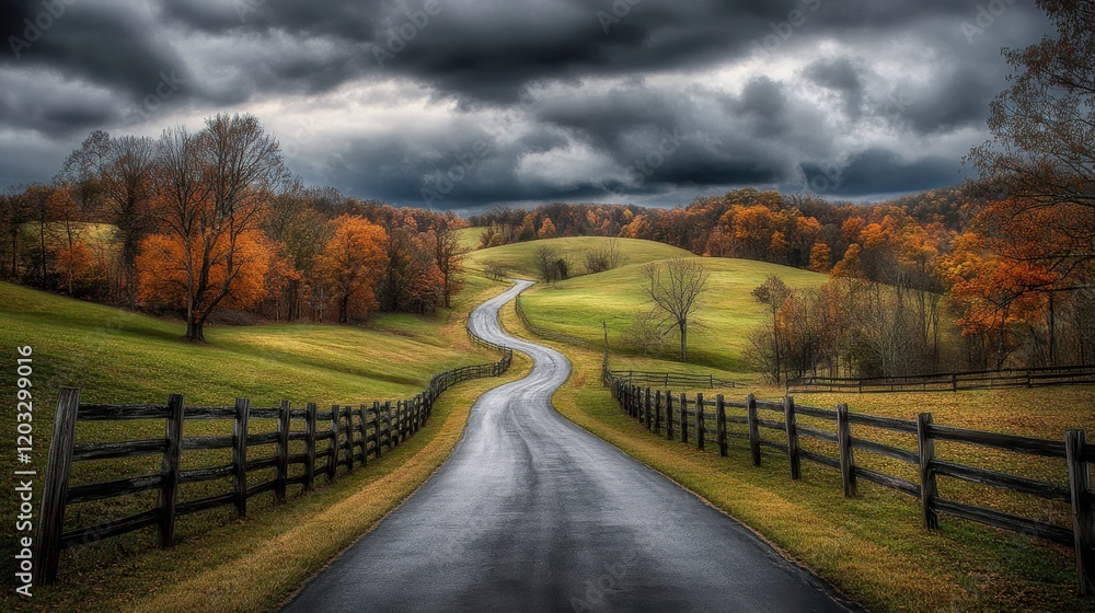 Fototapeta premium A country road flanked by rustic wooden fences and rolling green hills under a cloudy sky