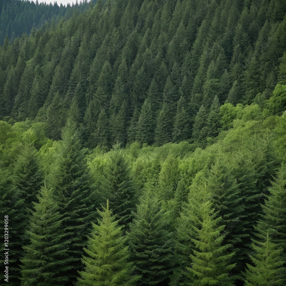 Fototapeta premium Lush Green Forest with Dense Evergreen Trees in a Serene Natural Landscape Setting